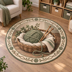Knitting Maker Basket Round Mat Rug with detailed printed dimensional shading and a matching niche-inspired border.
