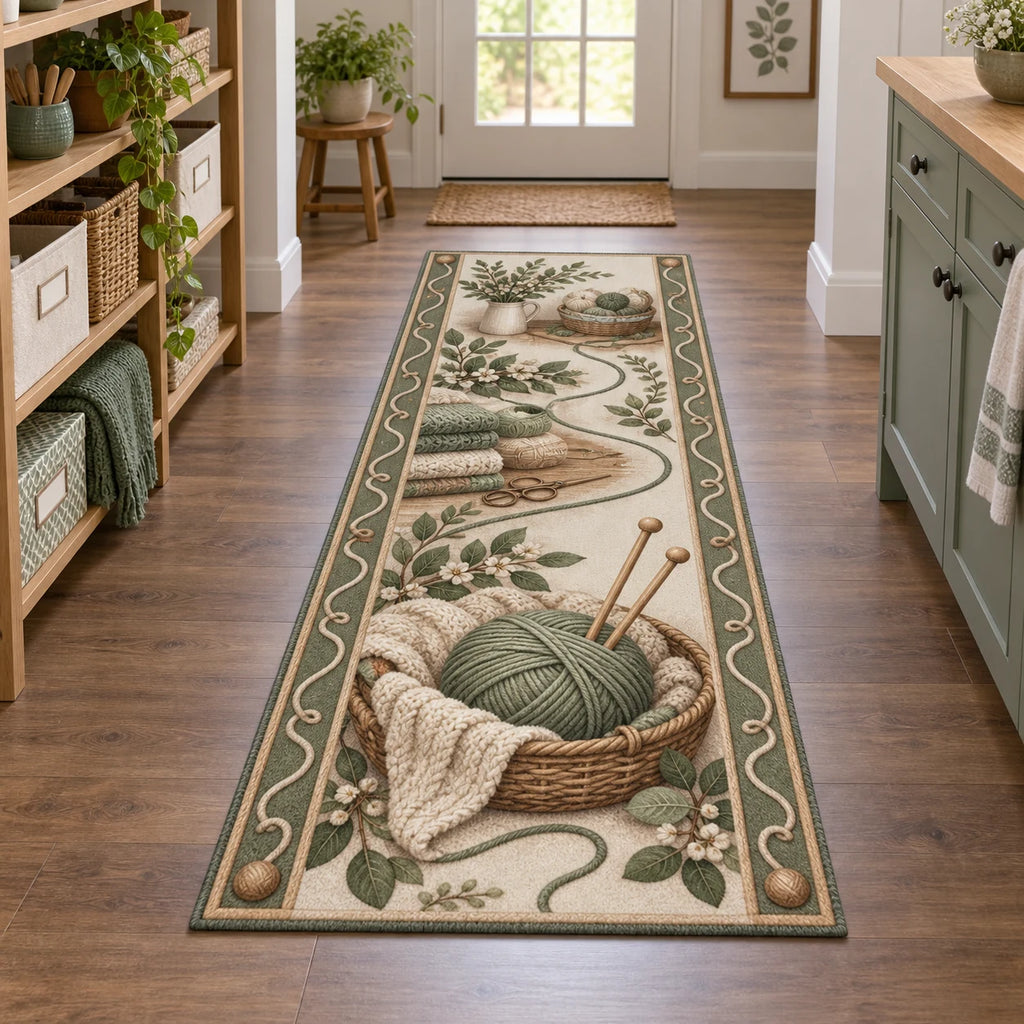 Knitting Maker Basket Runner Rug with detailed printed dimensional shading and a matching niche-inspired border.