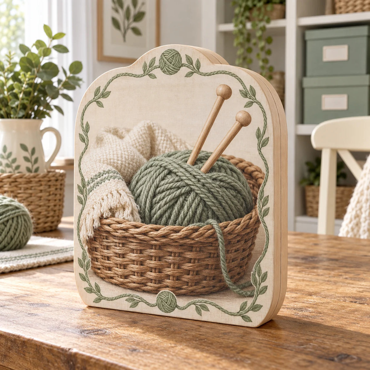 Three-layer wooden block showing a sage yarn ball, two knitting needles and a basket framed by printed yarn and leaves.