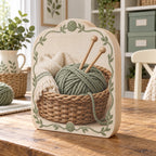 Three-layer wooden block showing a sage yarn ball, two knitting needles and a basket framed by printed yarn and leaves.