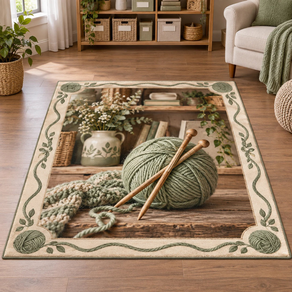 Knitting Yarn Studio Area Rug with dimensional printed artwork in a coordinated indoor setting
