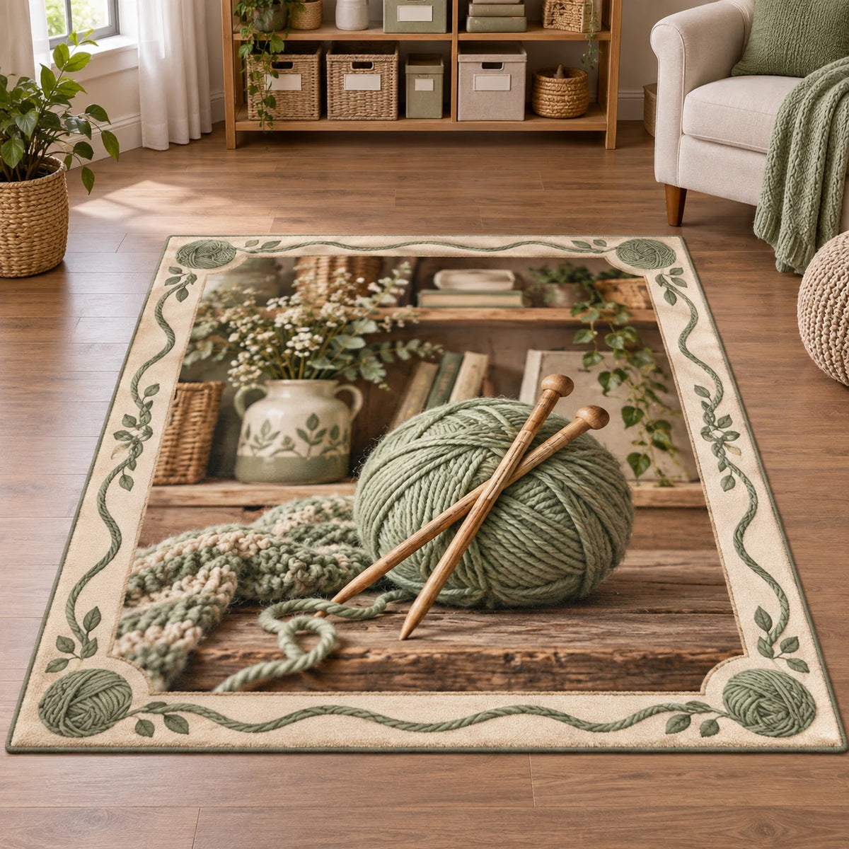 Knitting Yarn Studio Area Rug with dimensional printed artwork in a coordinated indoor setting