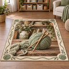 Knitting Yarn Studio Area Rug with dimensional printed artwork in a coordinated indoor setting