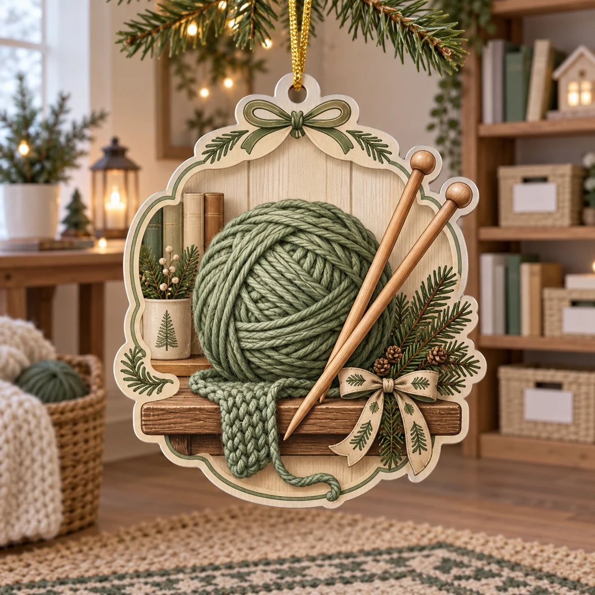 Knitting Yarn Christmas Ornament with dimensional printed artwork in a coordinated indoor setting