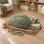 Knitting Yarn Custom Shape Area Rug with dimensional printed artwork in a coordinated indoor setting