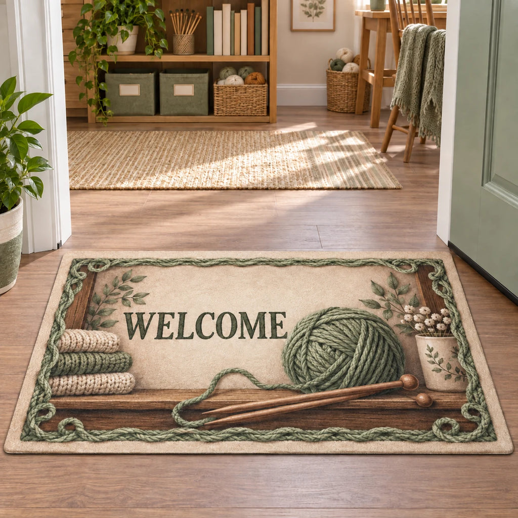 Knitting Yarn Welcome Doormat with dimensional printed artwork in a coordinated indoor setting