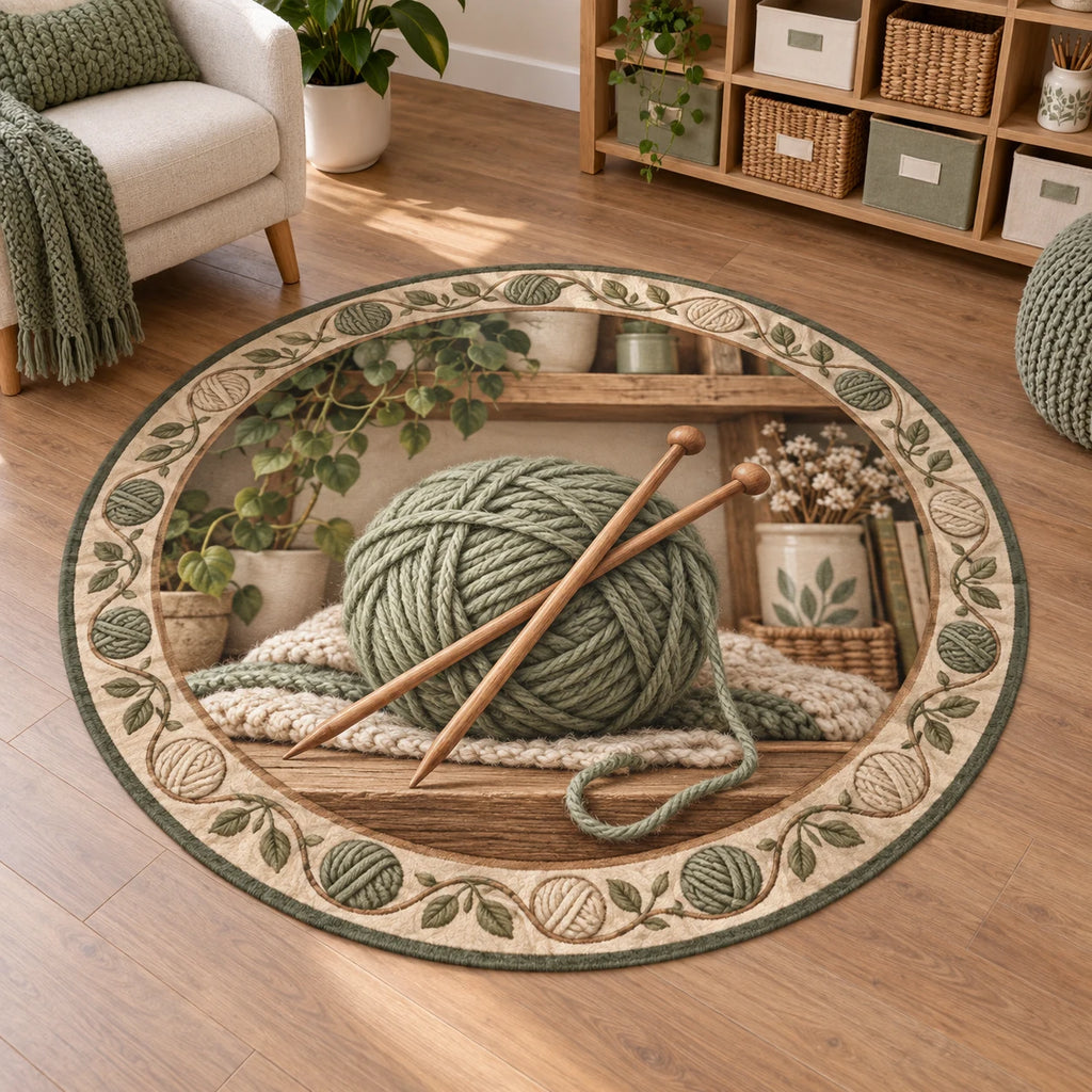 Knitting Yarn Studio Round Mat Rug with dimensional printed artwork in a coordinated indoor setting