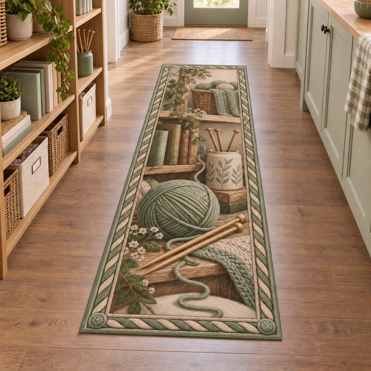 Knitting Studio Shelf Runner Rug with dimensional printed artwork in a coordinated indoor setting