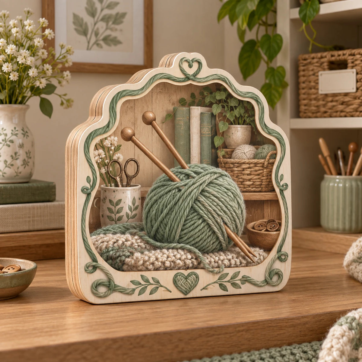 Knitting Yarn Wooden Block 3 Layer with dimensional printed artwork in a coordinated indoor setting