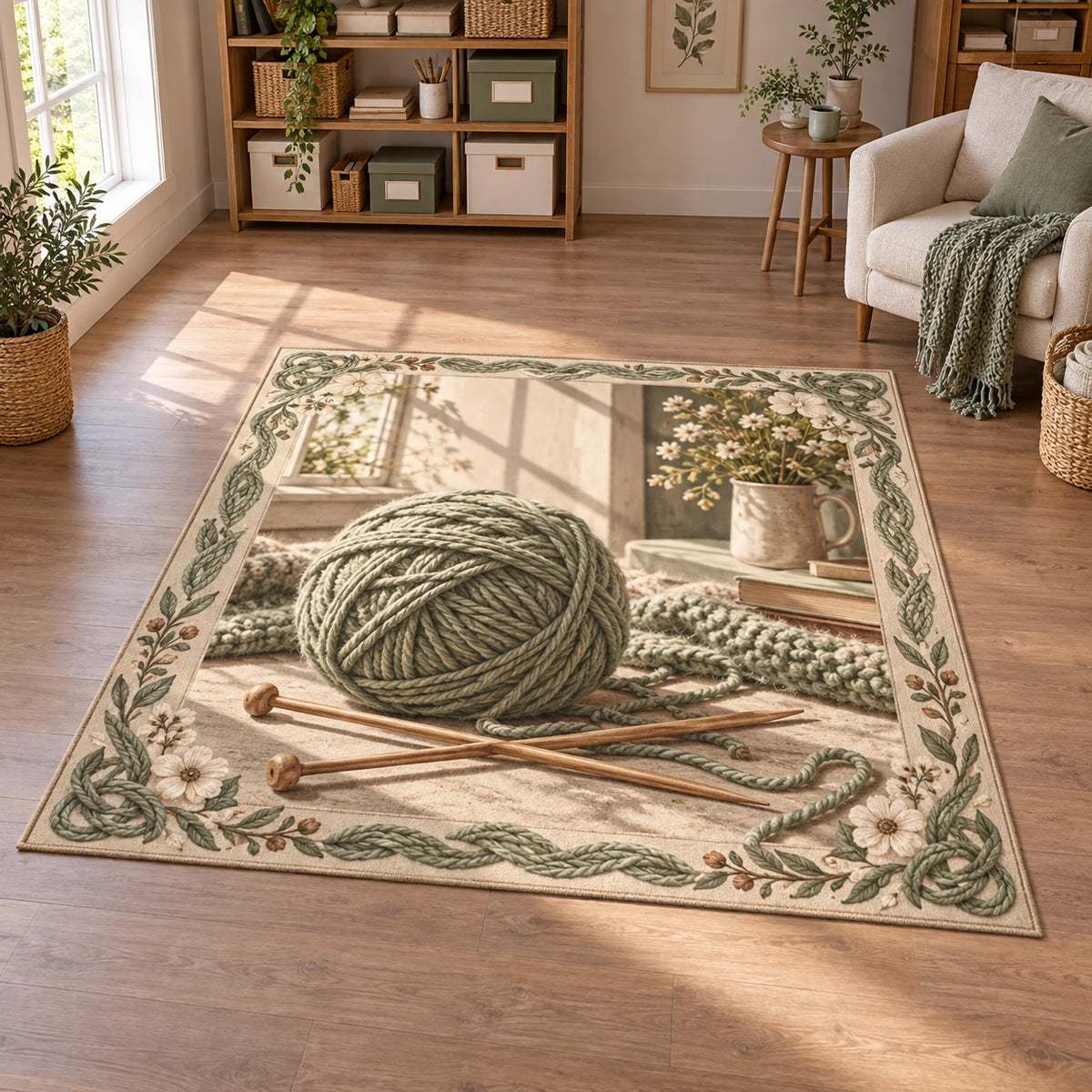 Knitting Window Light Area Rug featuring a sage yarn ball and knitting needles in a window-lit craft setting