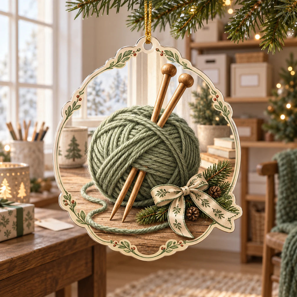 Knitting Window Light Christmas Ornament featuring a sage yarn ball and knitting needles in a window-lit craft setting
