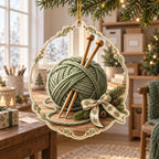 Knitting Window Light Christmas Ornament featuring a sage yarn ball and knitting needles in a window-lit craft setting