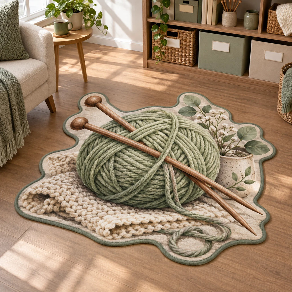 Knitting Window Light Custom Shape Area Rug featuring sage yarn and knitting needles in a light craft-room setting
