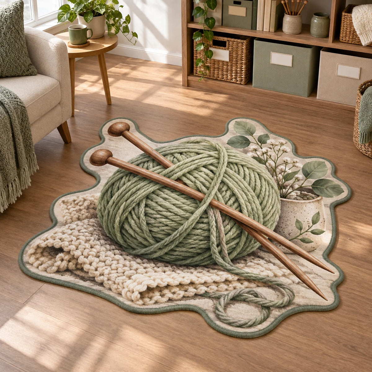 Knitting Window Light Custom Shape Area Rug featuring sage yarn and knitting needles in a light craft-room setting