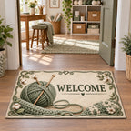 Knitting Window Light Doormat featuring sage yarn and knitting needles in a light craft-room setting