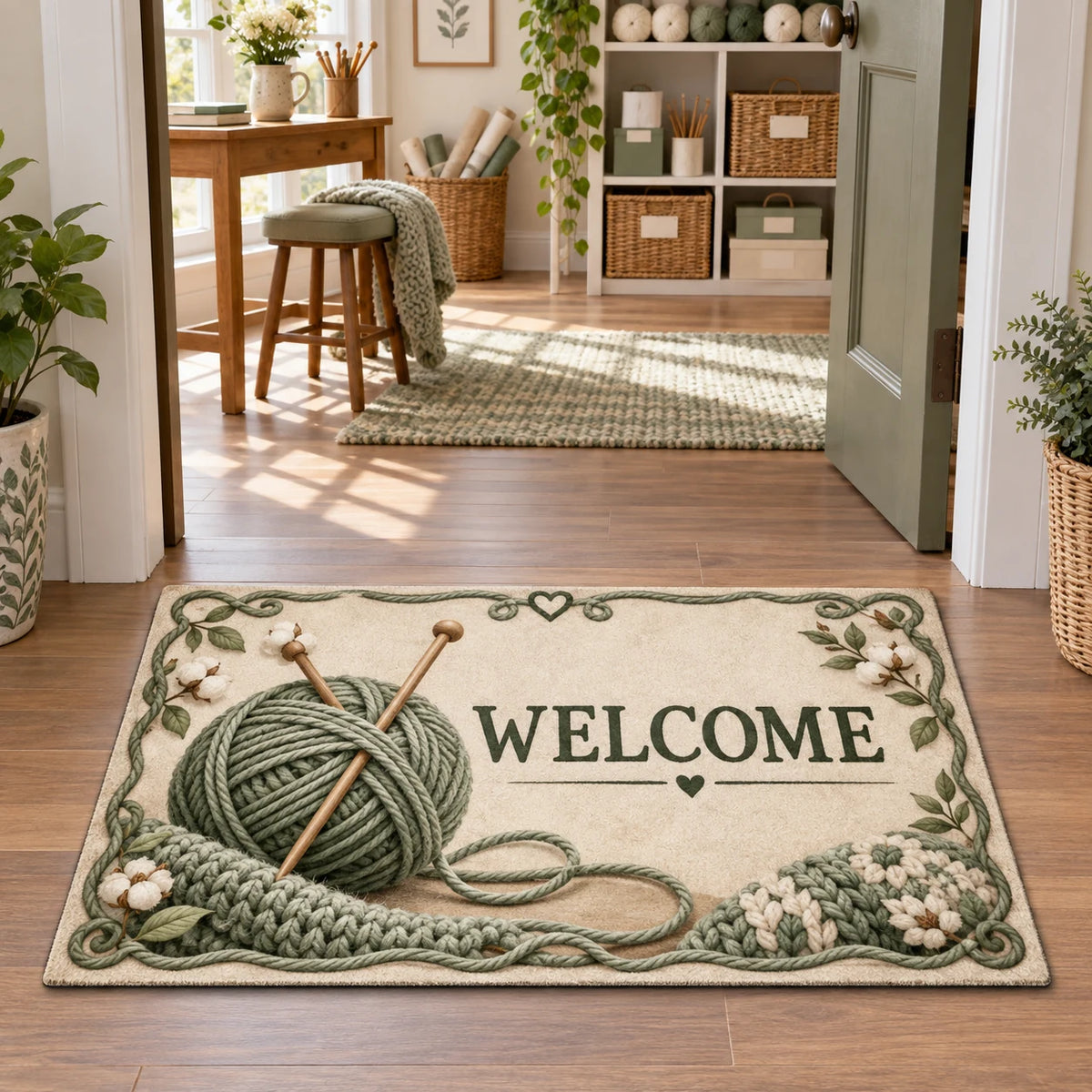 Knitting Window Light Doormat featuring sage yarn and knitting needles in a light craft-room setting