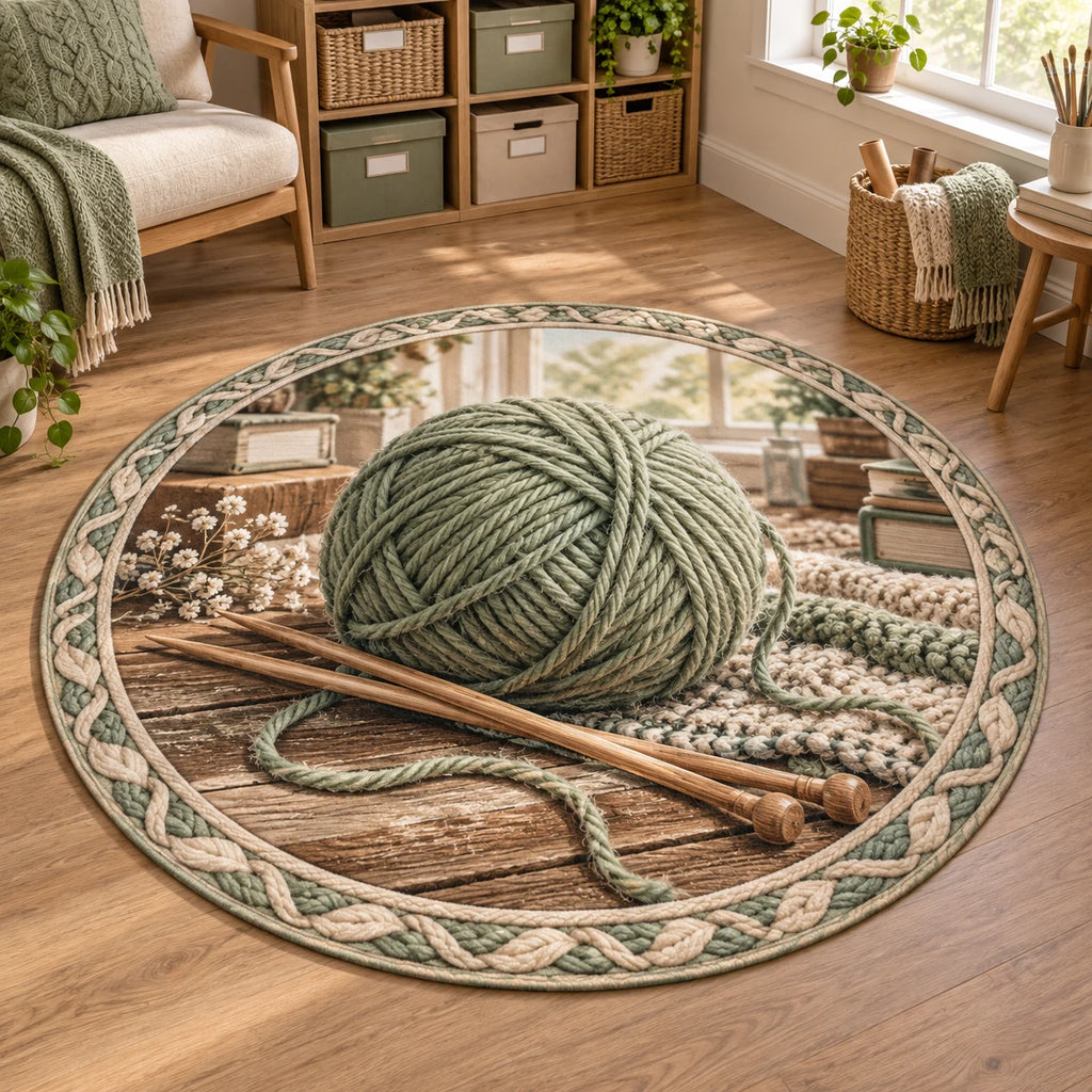 Knitting Window Light Round Mat Rug featuring a sage yarn ball and knitting needles in a window-lit craft setting