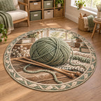 Knitting Window Light Round Mat Rug featuring a sage yarn ball and knitting needles in a window-lit craft setting