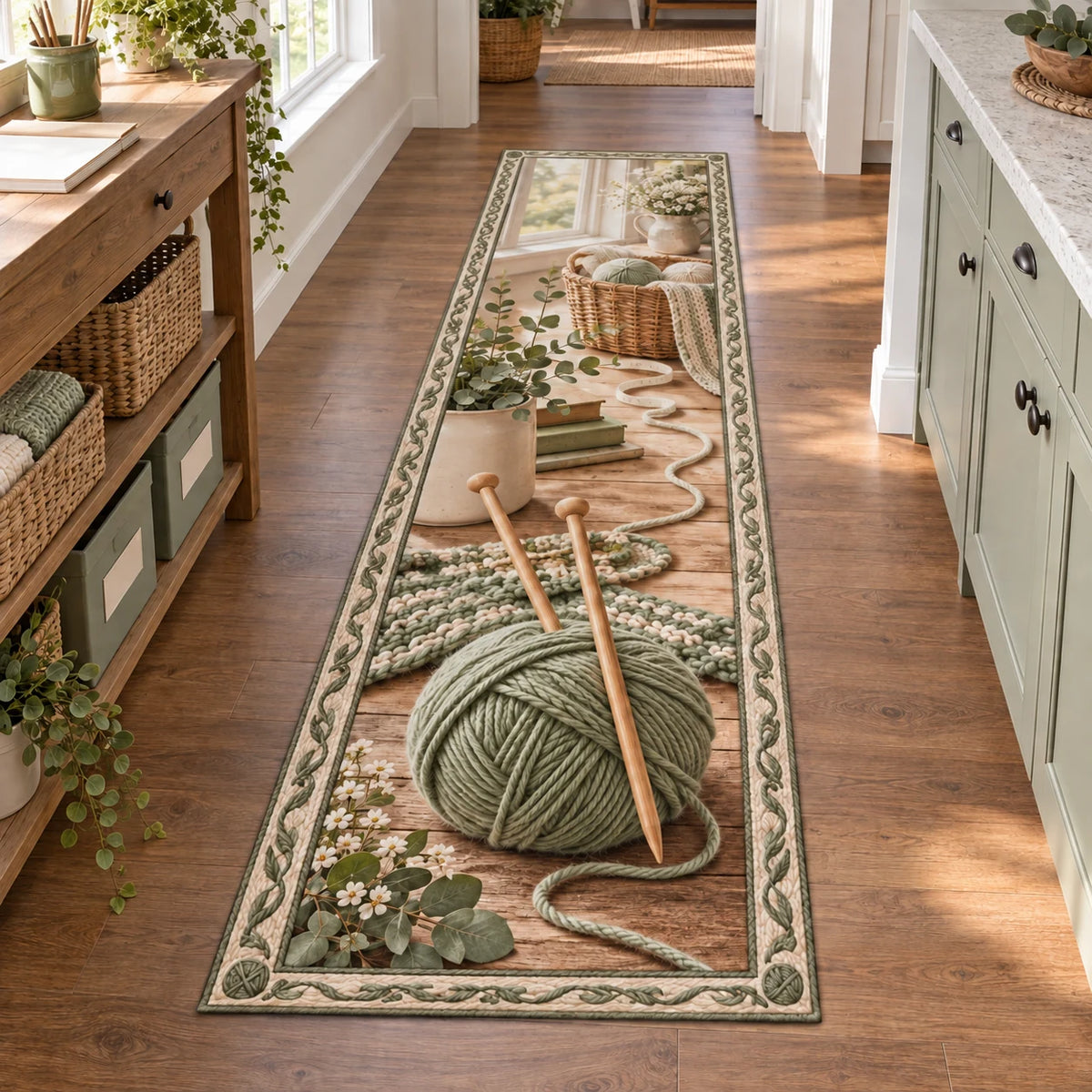 Knitting Window Light Runner Rug featuring a sage yarn ball and knitting needles in a window-lit craft setting