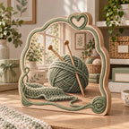 Knitting Window Light Wooden Block 3 Layer featuring sage yarn and knitting needles in a light craft-room setting