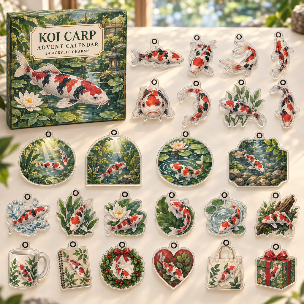 Koi Carp advent calendar box with 24 themed flat printed acrylic charms