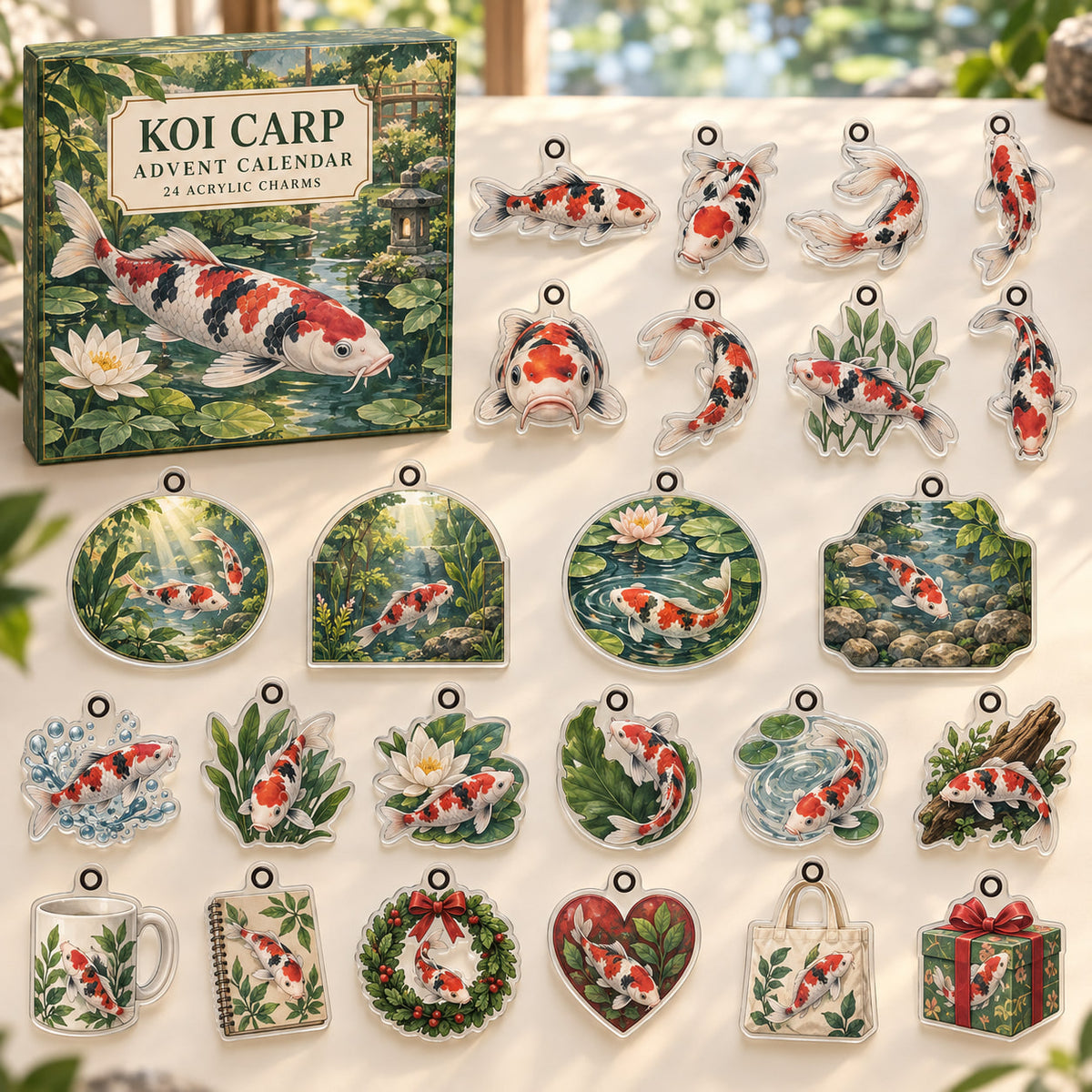 Koi Carp advent calendar box with 24 themed flat printed acrylic charms