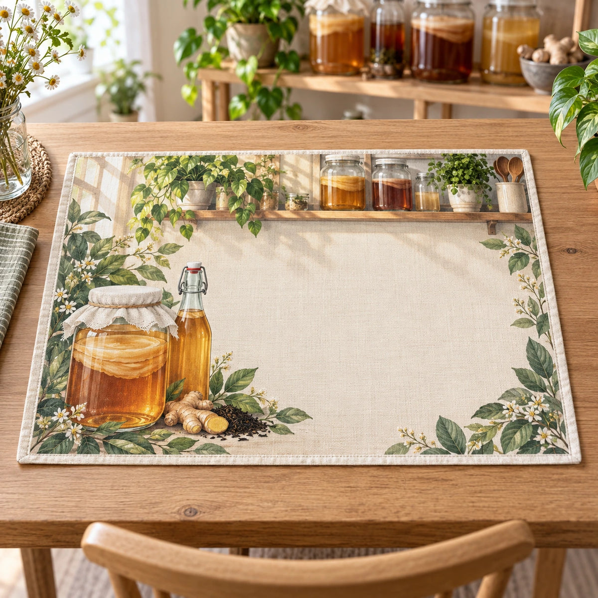 Kombucha Brewing Corner Linen Placemat with original printed optical 3D artwork