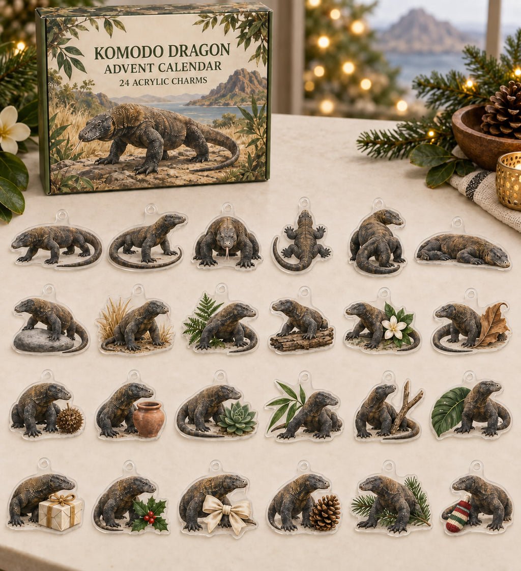 Komodo Dragon advent calendar with 24 custom-shaped flat acrylic charms and printed dimensional artwork