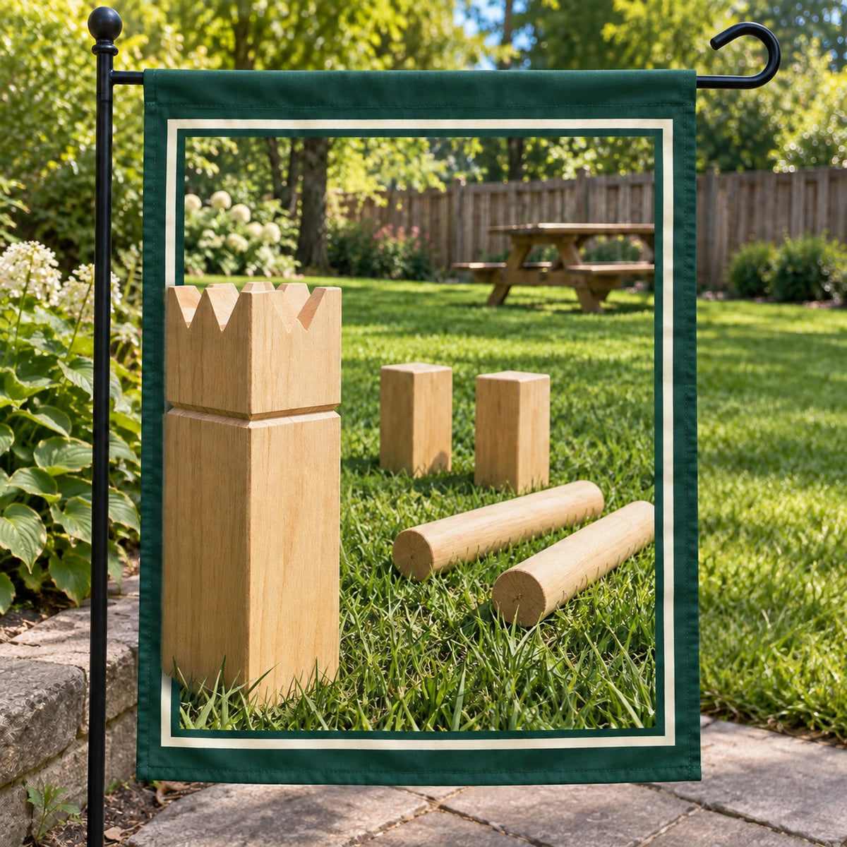 Kubb Backyard Game Garden Flag with original printed optical 3D artwork