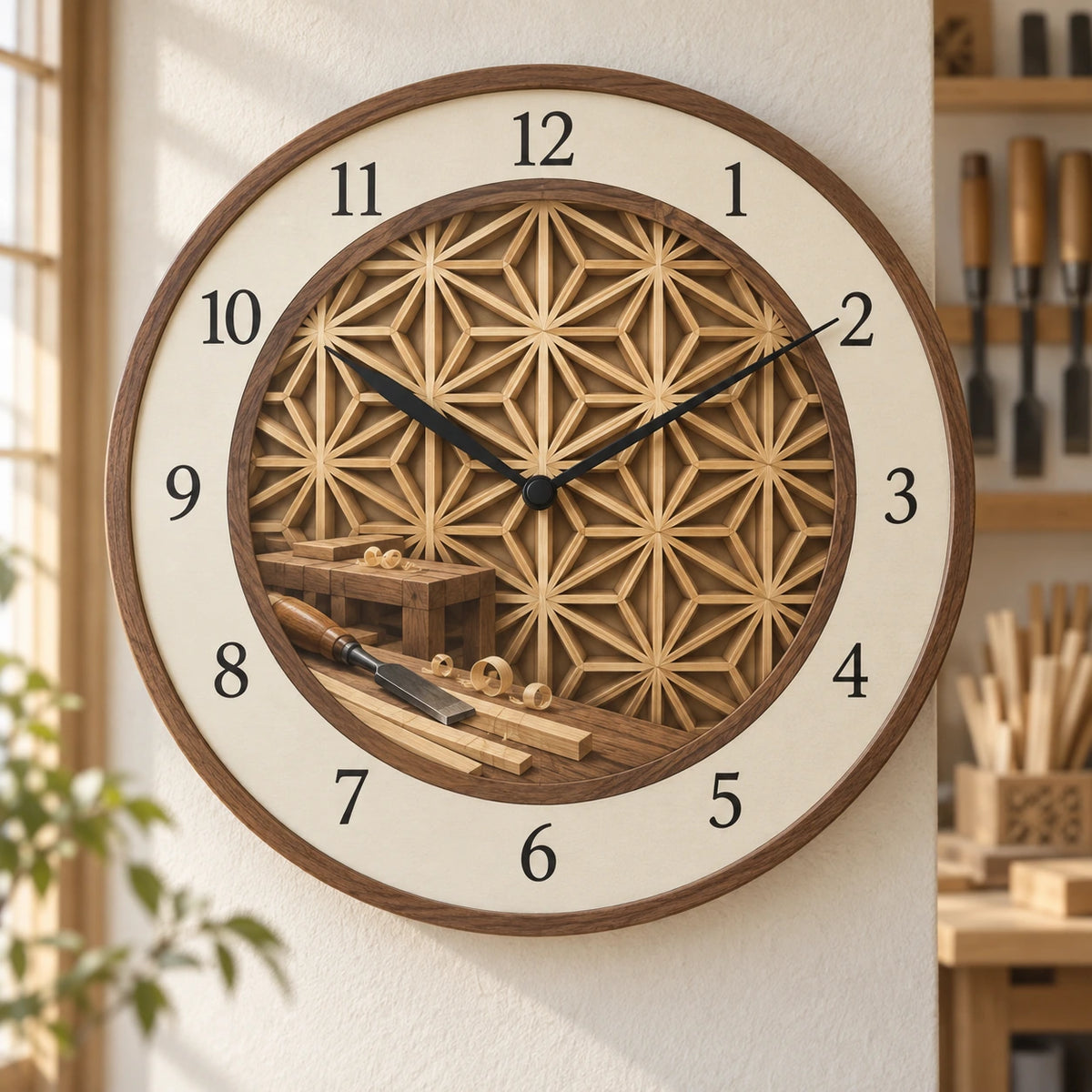 Kumiko Joinery Studio Wooden Wall Clock with original printed optical 3D artwork