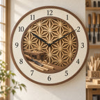 Kumiko Joinery Studio Wooden Wall Clock with original printed optical 3D artwork