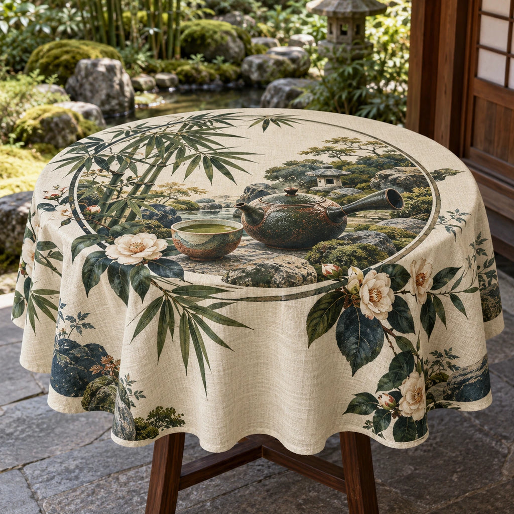 Kyusu Teapot Botanical Circle Tablecloth with printed dimensional artwork