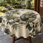 Kyusu Teapot Botanical Circle Tablecloth with printed dimensional artwork