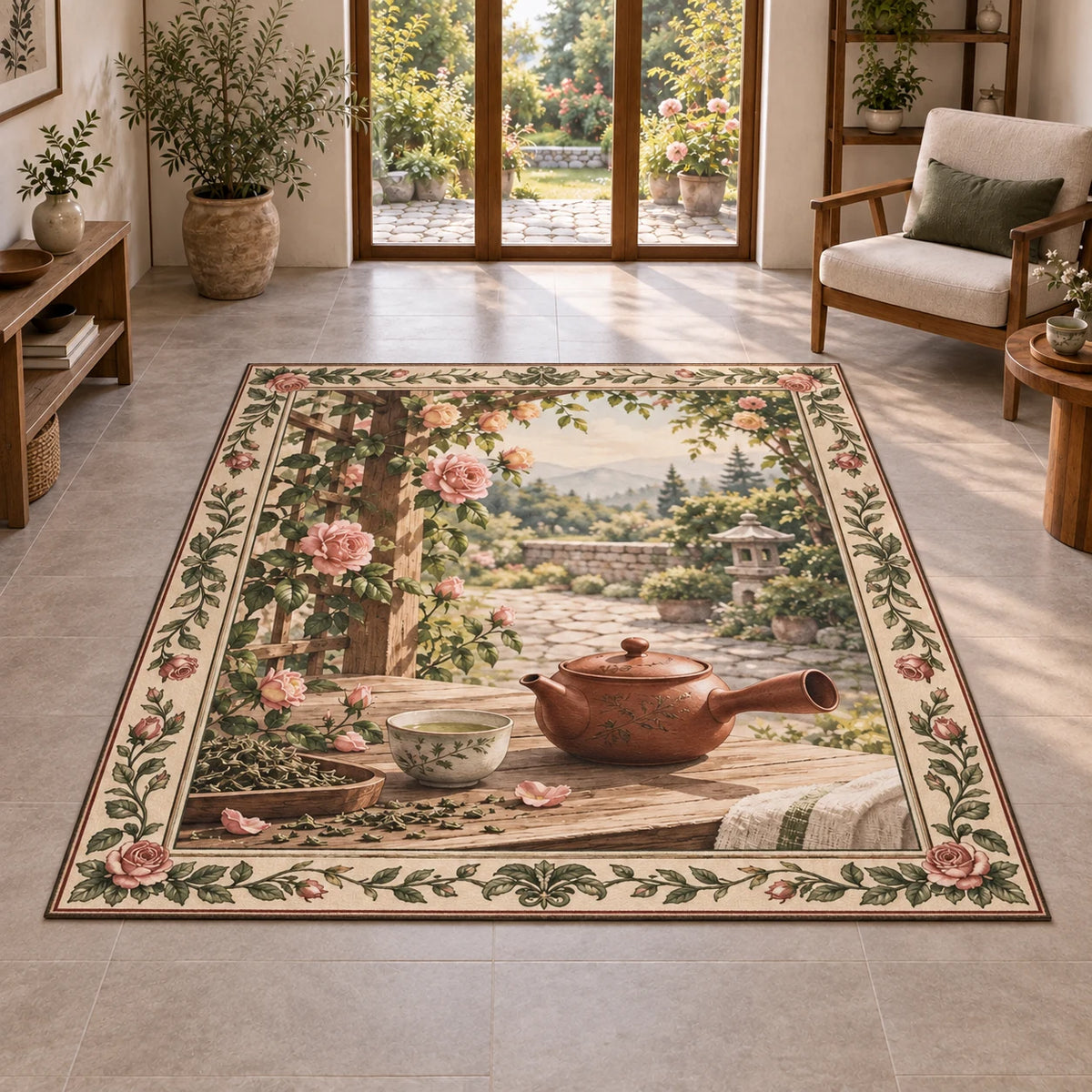 Kyusu teapot area rug with reddish side-handled pot, tea cup, loose leaves and roses in a calm tea-room setting.