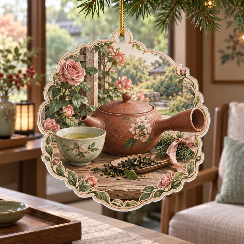 Kyusu teapot christmas ornament with reddish side-handled pot, tea cup, loose leaves and roses in a calm tea-room setting.