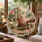 Kyusu teapot christmas ornament with reddish side-handled pot, tea cup, loose leaves and roses in a calm tea-room setting.