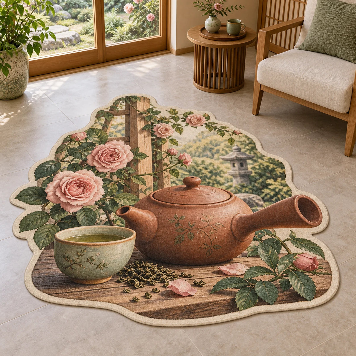 Kyusu teapot custom shape area rug with reddish side-handled pot, tea cup, loose leaves and roses in a calm tea-room setting.