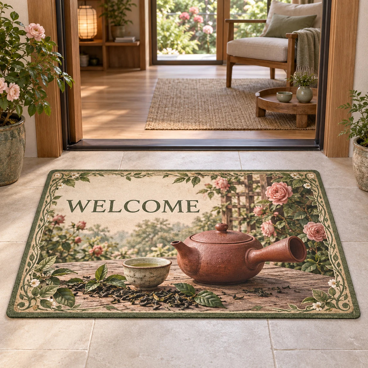Kyusu teapot doormat with reddish side-handled pot, tea cup, loose leaves and roses in a calm tea-room setting.