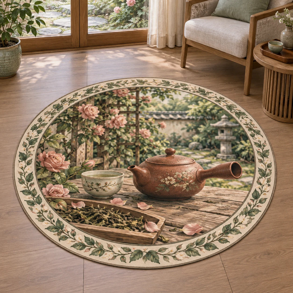 Kyusu teapot round mat rug with reddish side-handled pot, tea cup, loose leaves and roses in a calm tea-room setting.