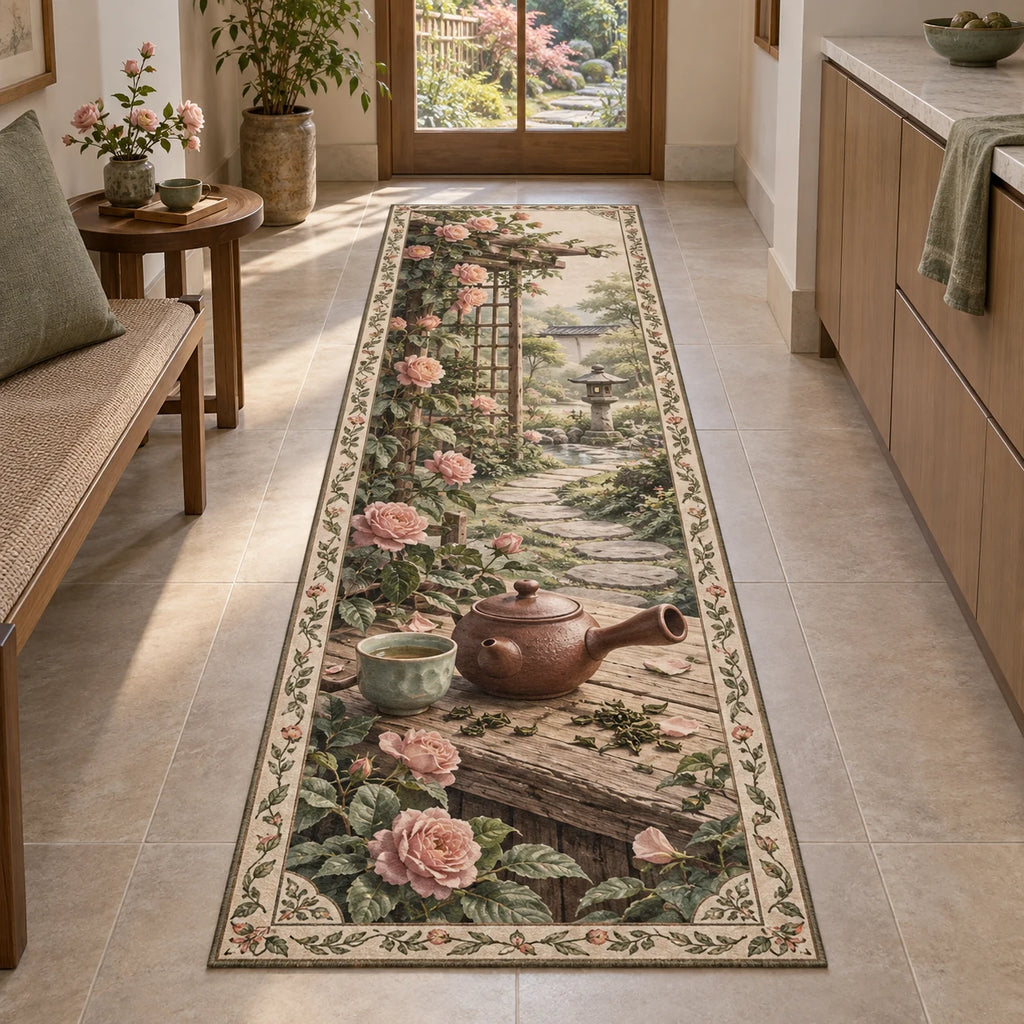 Kyusu teapot runner rug with reddish side-handled pot, tea cup, loose leaves and roses in a calm tea-room setting.