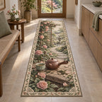 Kyusu teapot runner rug with reddish side-handled pot, tea cup, loose leaves and roses in a calm tea-room setting.