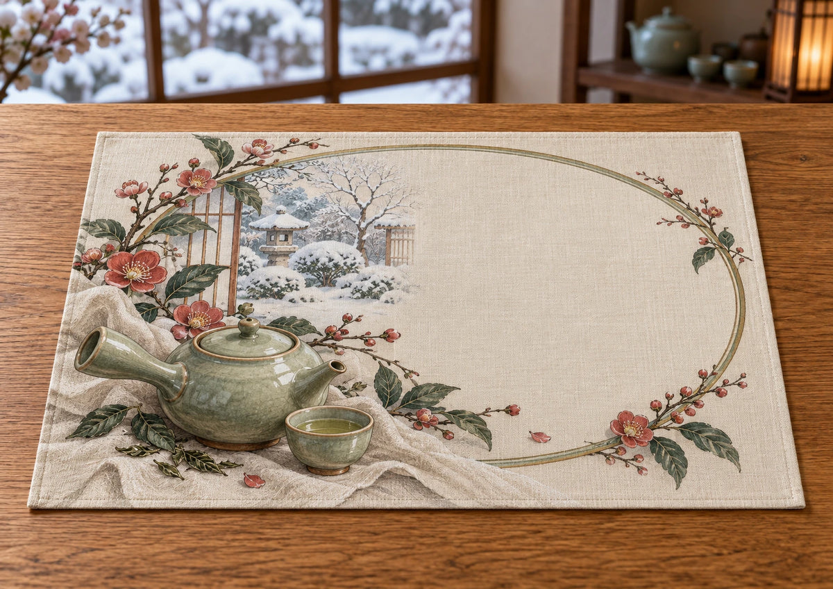 Kyusu Teapot Winter Warmth Placemat with flat printed dimensional tea artwork
