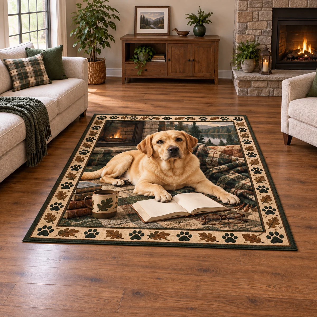 Yellow Labrador Retriever area rug with book, glasses and oak-leaf paw border