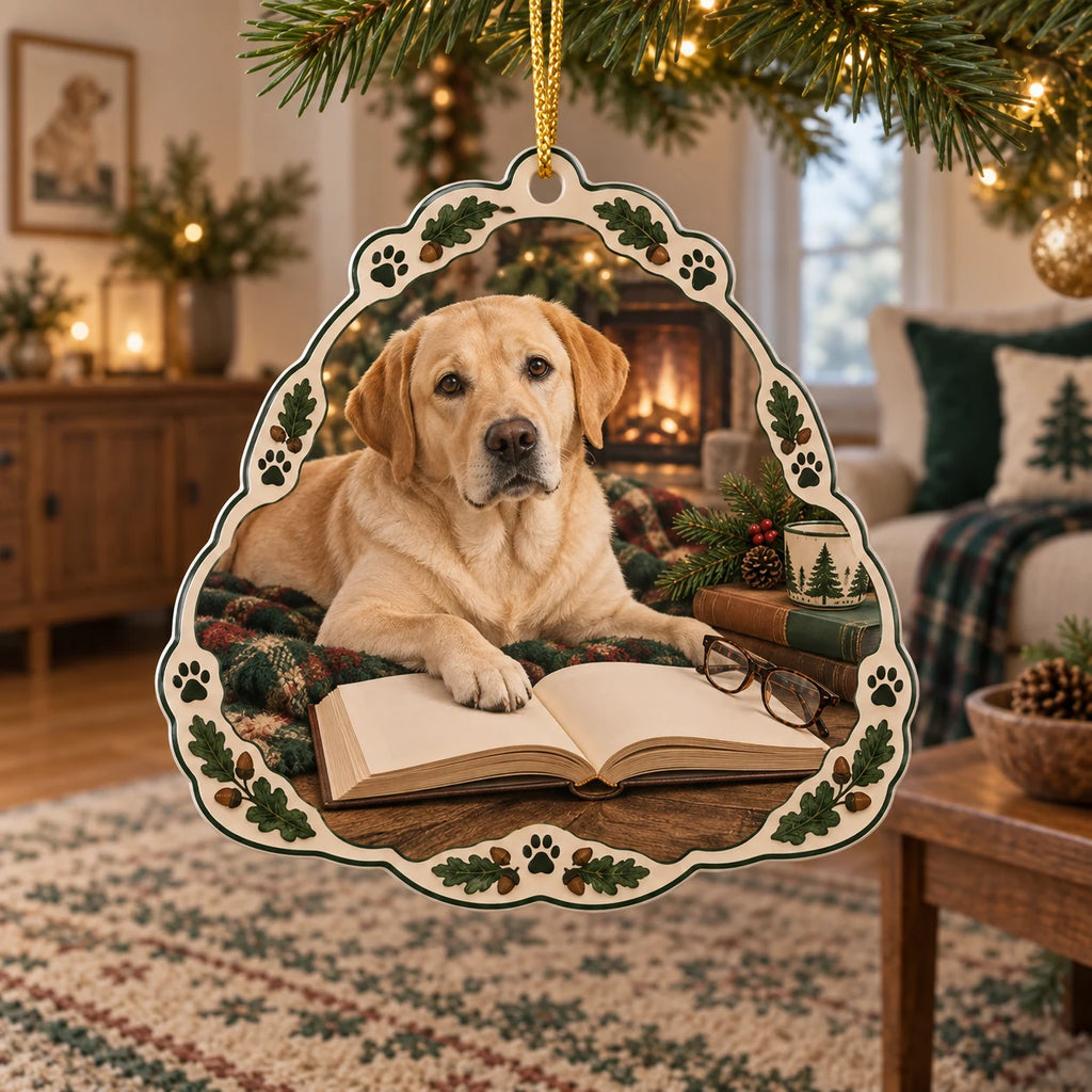 Yellow Labrador Retriever christmas ornament with book, glasses and oak-leaf paw border