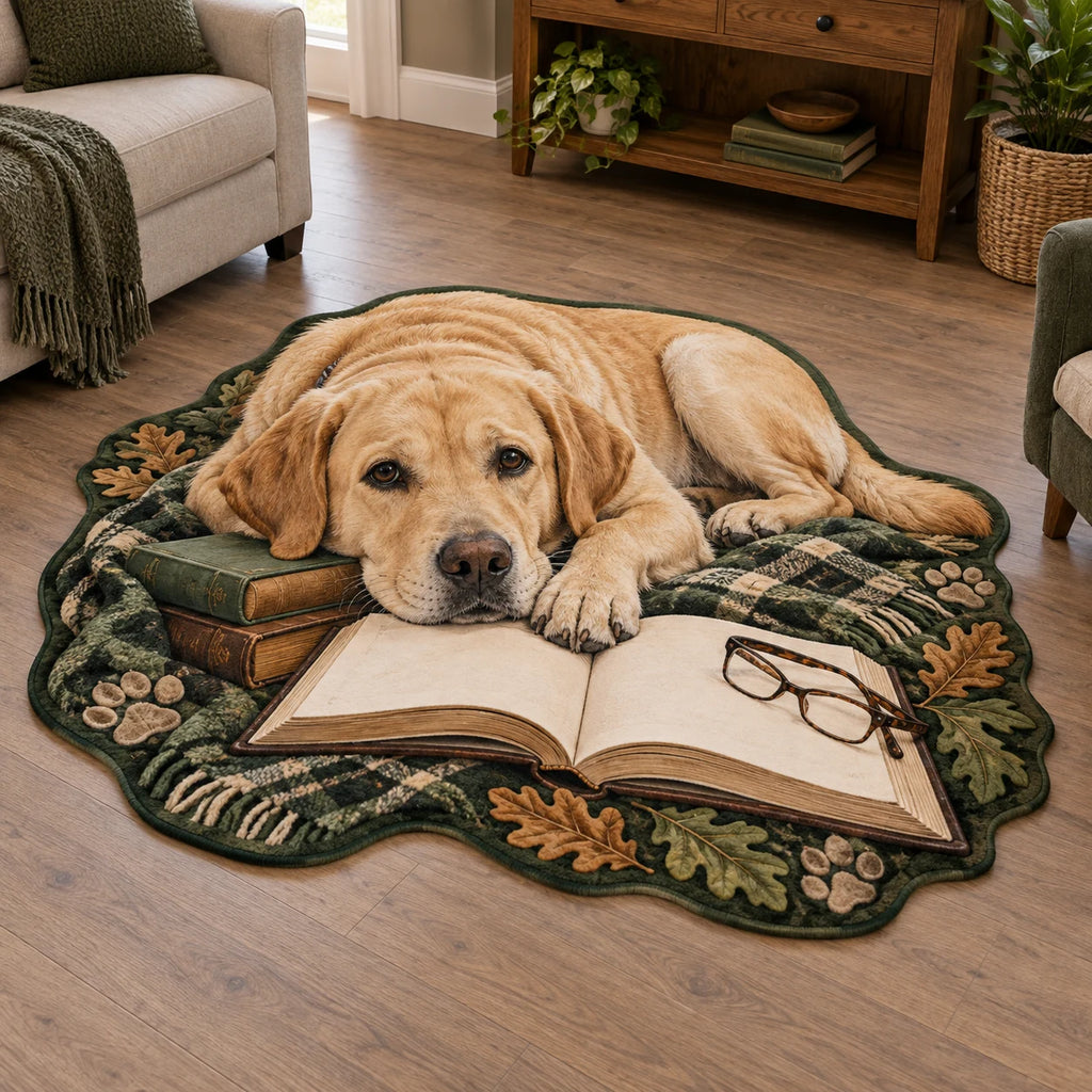 Yellow Labrador Retriever custom shape area rug with book, glasses and oak-leaf paw border