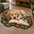 Yellow Labrador Retriever custom shape area rug with book, glasses and oak-leaf paw border