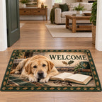 Yellow Labrador Retriever doormat with book, glasses and oak-leaf paw border