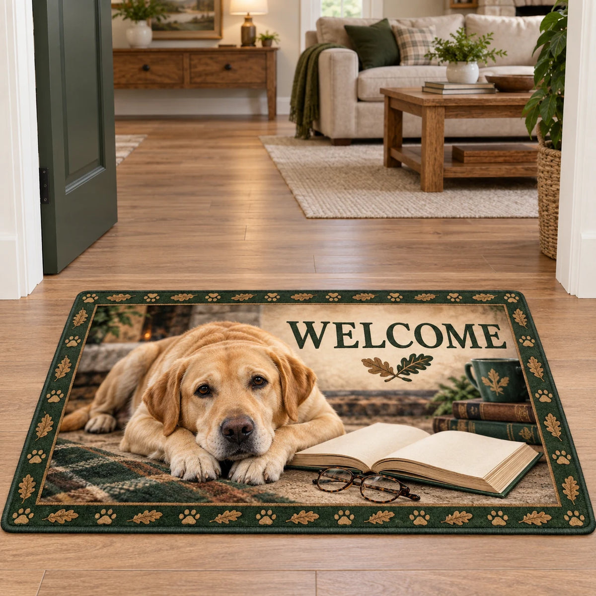 Yellow Labrador Retriever doormat with book, glasses and oak-leaf paw border