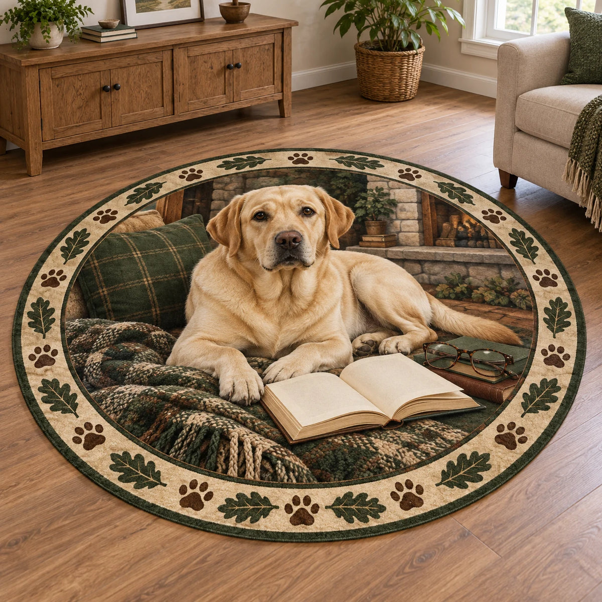 Yellow Labrador Retriever round mat rug with book, glasses and oak-leaf paw border