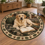 Yellow Labrador Retriever round mat rug with book, glasses and oak-leaf paw border